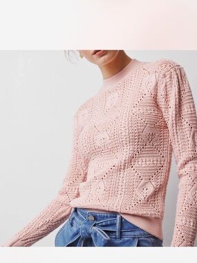 White House Black Market Pink Crochet Crewneck Sweater